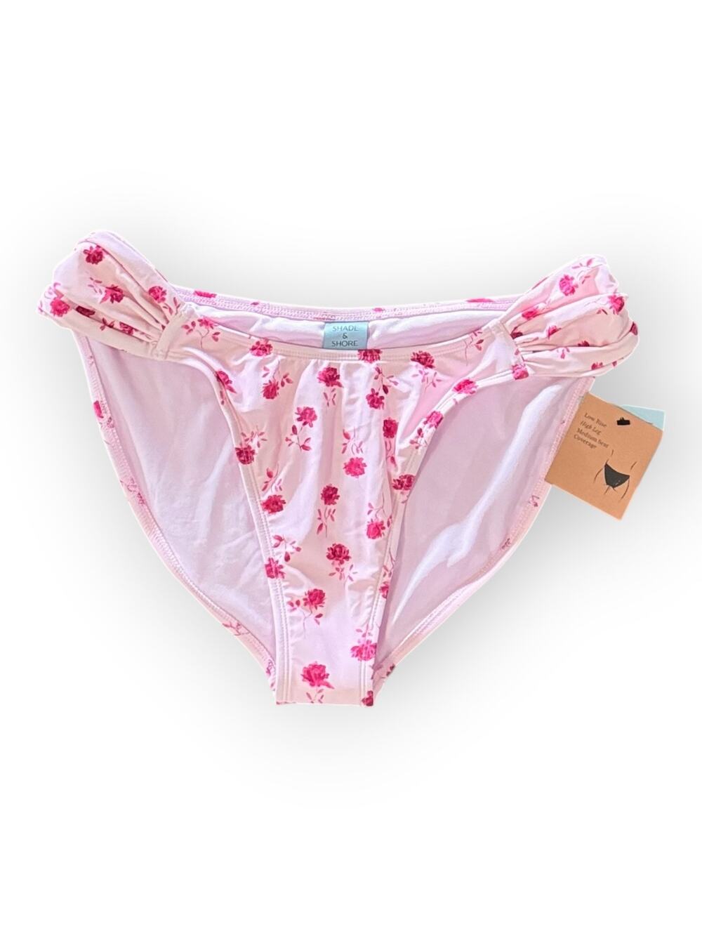 Shade and Shore mid rise pink an white floral split side bikini bottom Large NWT